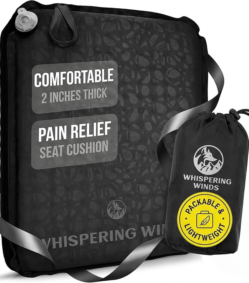 Whispering Winds Inflatable Seat Cushion - Comfortable Blow-up Foam Pad for Airplane, Travel, Stadium, Outdoors, Camping, Car & More (Large, Black - 1pack)