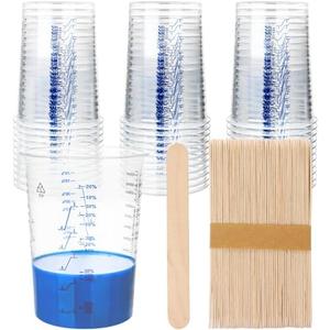 50 PACK Plastic Paint Mixing Cups, 20 oz (600ml) Disposable Liquid Measuring Cups with 50 Wooden Mixing Sticks, Measurement ratios: 2:1, 3:1, 4:1, Perfect for Epoxy Resin, Paint Mixing