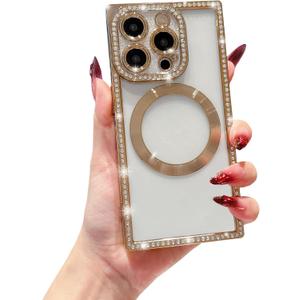 Owncase Magnetic for iPhone 15 Pro Case, Compatible with Magsafe, Crystal Diamonds Glitter Electroplated Edge Soft TPU Clear Phone Case for Women Girls, Gold