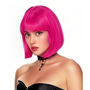 Rose bud Hot Pink Bob Wig with Fringe 12 Inch Short Straight Costume Wigs for Women Cosplay Party Halloween