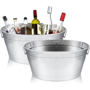 Uiifan 2 Pcs 24 Quart 6 Gallon Hammered Stainless Steel Beverage Tub Heavy Duty Oval Metal Large Ice Bucket for Drinks Bucket Cooler Ice Container for Bar Wedding Parties Anniversary Wine (Silver)