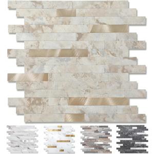 Yipscazo 10 Sheets Peel and Stick Stone Metal Tile Backsplash, Stick on Tiles for Backsplash Kitchen, Bathroom, Laundry Room, Camper, Fireplace (12'' X 12'', Ecru)