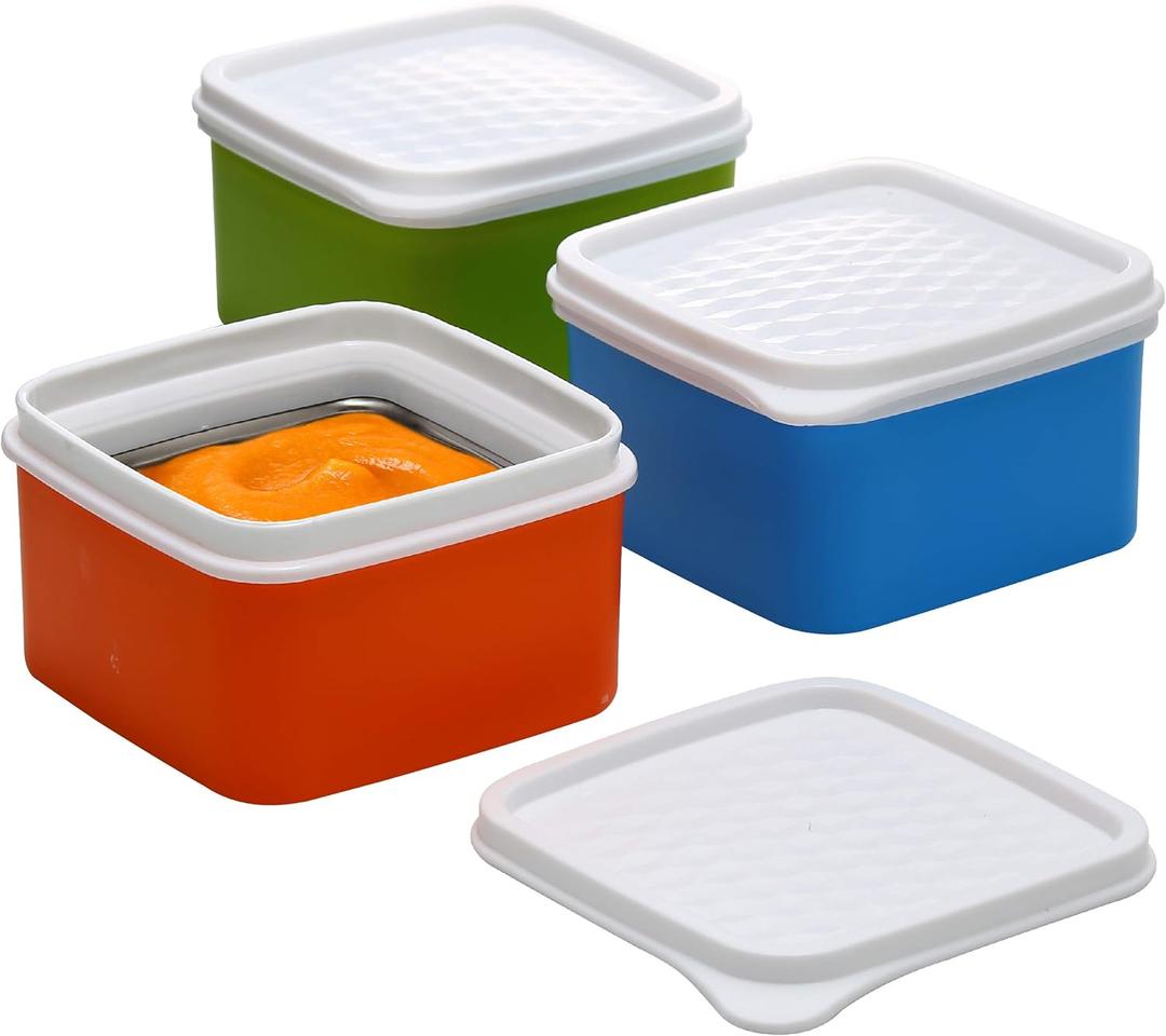 Baby/ Toddler/ Kids Stainless Steel Insulated Food Storage Container Small Leak Proof Lunch Box- 3 pk. 8 oz Snack Containers- Square Thermal Food Container With Airtight Lid On The Go, School, Daycare (Blue Green orange)