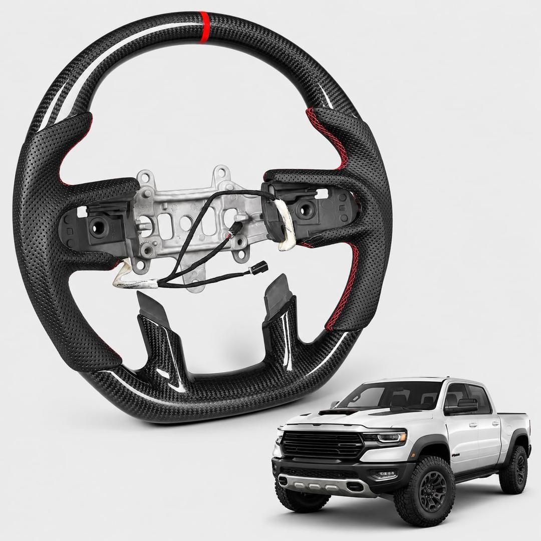 Real Carbon Fiber Steering Wheel for Ram 1500 TRX (2021-2024), Supports Factory Heating and Paddle Shifters, Genuine 3K Carbon with Perforated Leather, D-Shape