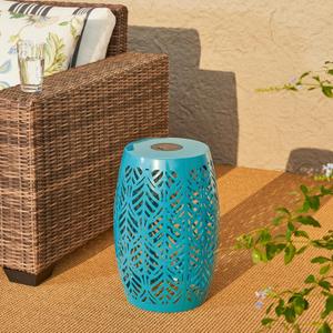 Glitzhome 18.25" H Iron Outdoor Side Table with Solar Powered Light,Metal Cutout Drum Silhouette Garden Stool,Round Accent Table Plant Stand for Garden Porch Living Room,Blue