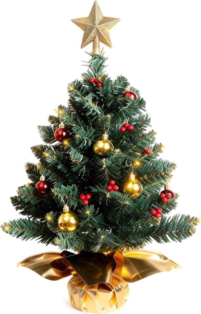 Liecho 24 Inch Tabletop Mini Christmas Tree, Miniature Pine Christmas Tree with Hanging Ornaments, Battery Operated Artificial Xmas Tree, Best DIY Christmas Decorations-Gold