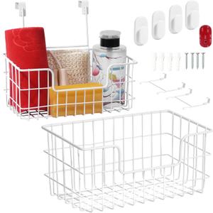 JUNCHU CHERRY Wire Storage Basket 2 Packs, Wall Mounted Kitchen Bathroom, Hanging Cabinet Door Storage Basket, no Drilling, Supporting 2 Types of Hooks, Strong Bearing, Suitable for Home, White