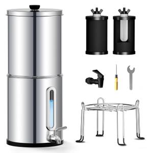 2.25G Gravity Water Filtration System - Water Level Window, NSF/ANSI 42&372 Certification,18/8 Stainless Steel Countertop Water Filter System - Reduce Up to 99.9% Chlorine, for Home, RVing (Silver)