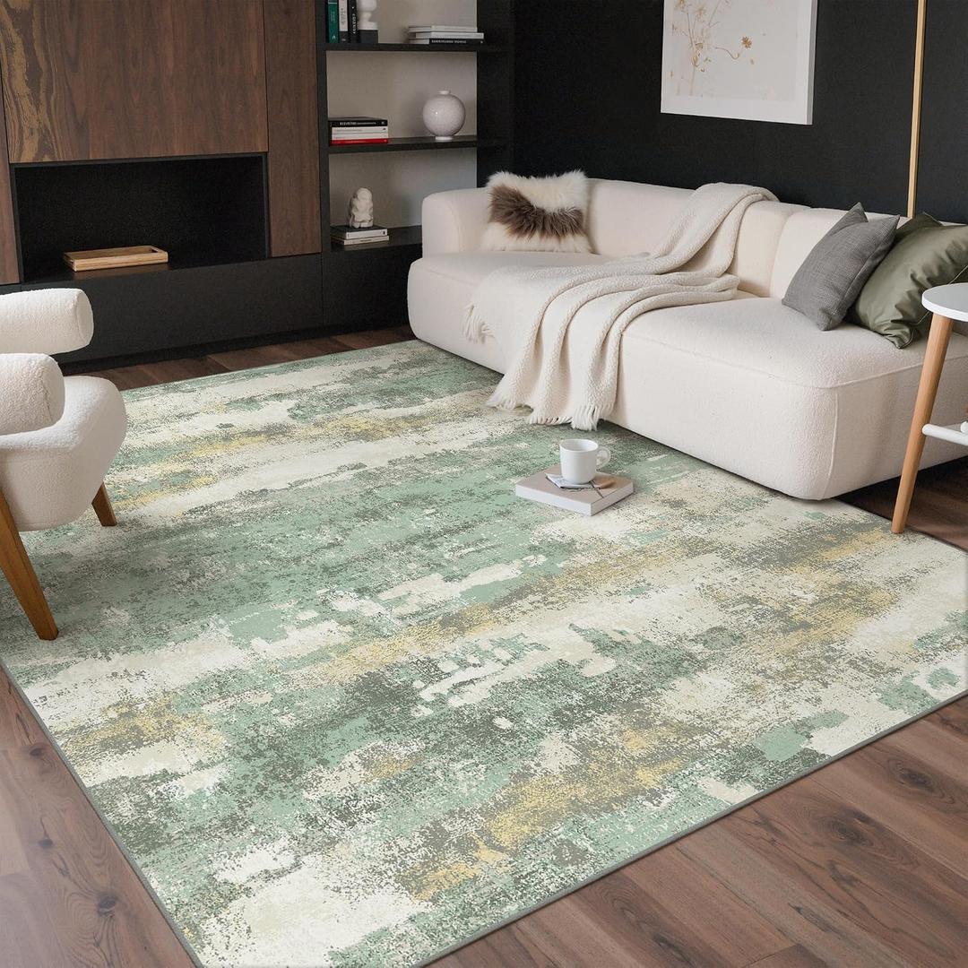 GENIMO 8x10 Washable Area Rugs for Living Room, Non Slip, Sage Green Ivory | Large Vintage Floral Rug, Stain Resistant, Low Pile and Lightweight for Bedroom, Dining Room and Home Office