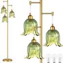 QIYIZM Gold Floor Lamp for Living Room,Bedroom,Tree 3 Light Standing Lamp Mid Century Modern Brass Tall Floor Lamps Vintage Retro Floor Lights Green Glass Flower Lamp Shade Farmhouse Boho Bohemian