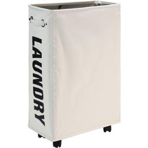 DOKEHOM 25-Inches Slim Laundry Basket on Wheels, Collapsible Rolling Laundry Hamper, Foldable Narrow Corner Clothes Storage Bins (Beige)
