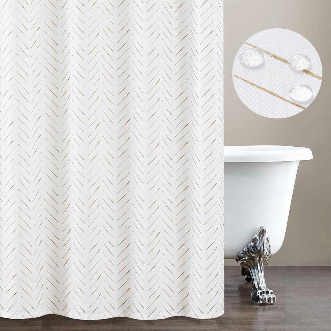 jinchan Extra Long Taupe and White Shower Curtain Inky Herringbone Chevron Zig Zag Waterproof Fabric Modern Farmhouse Shower Curtains for Bathroom with 12 Hooks 70x84 Inches