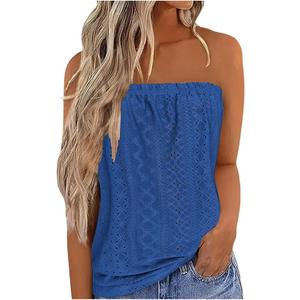 Miyaomn Trendy Strapless Bandeau Tank for Women Strapless Eyelet Sexy Tube Tops Dressy Casual Sleeveless Hollow Out T Shirts L