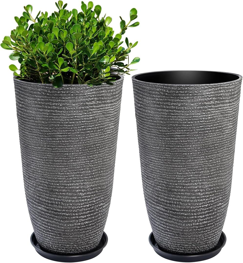 QCQHDU Large Tall Dark Gray Planters Set of 2-9 Gallon 12" Round Outdoor Planters for Front Door & Patio, Faux Stone Indoor Plant Pots with Tray, Porch Decor Plant Containers, 21in
