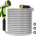 Metal Garden Hose 100ft Stainless Steel Hose Heavy Duty Flexible Water Hose with 10 Way Spray Nozzle 3/4 Solid Brass Fittings-Outdoor Yard Lightweight No Kink Leak Resistant Water Pipe