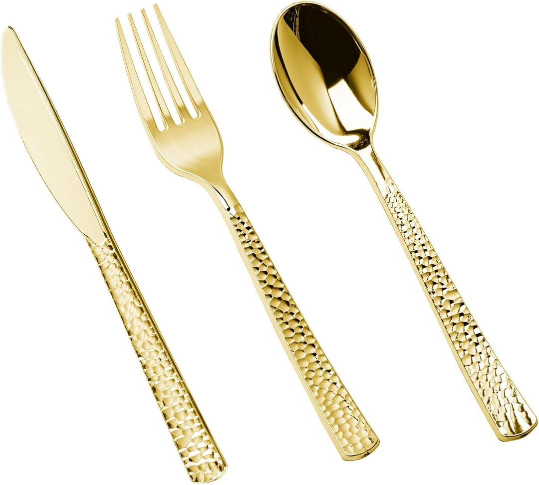 150PCS Gold Plastic Silverware, Heavy Duty Hammered Plastic Cutlery Set, Disposable Utensils - 50 Forks, 50 Spoons and 50 Knifes for Party, Wedding and Events