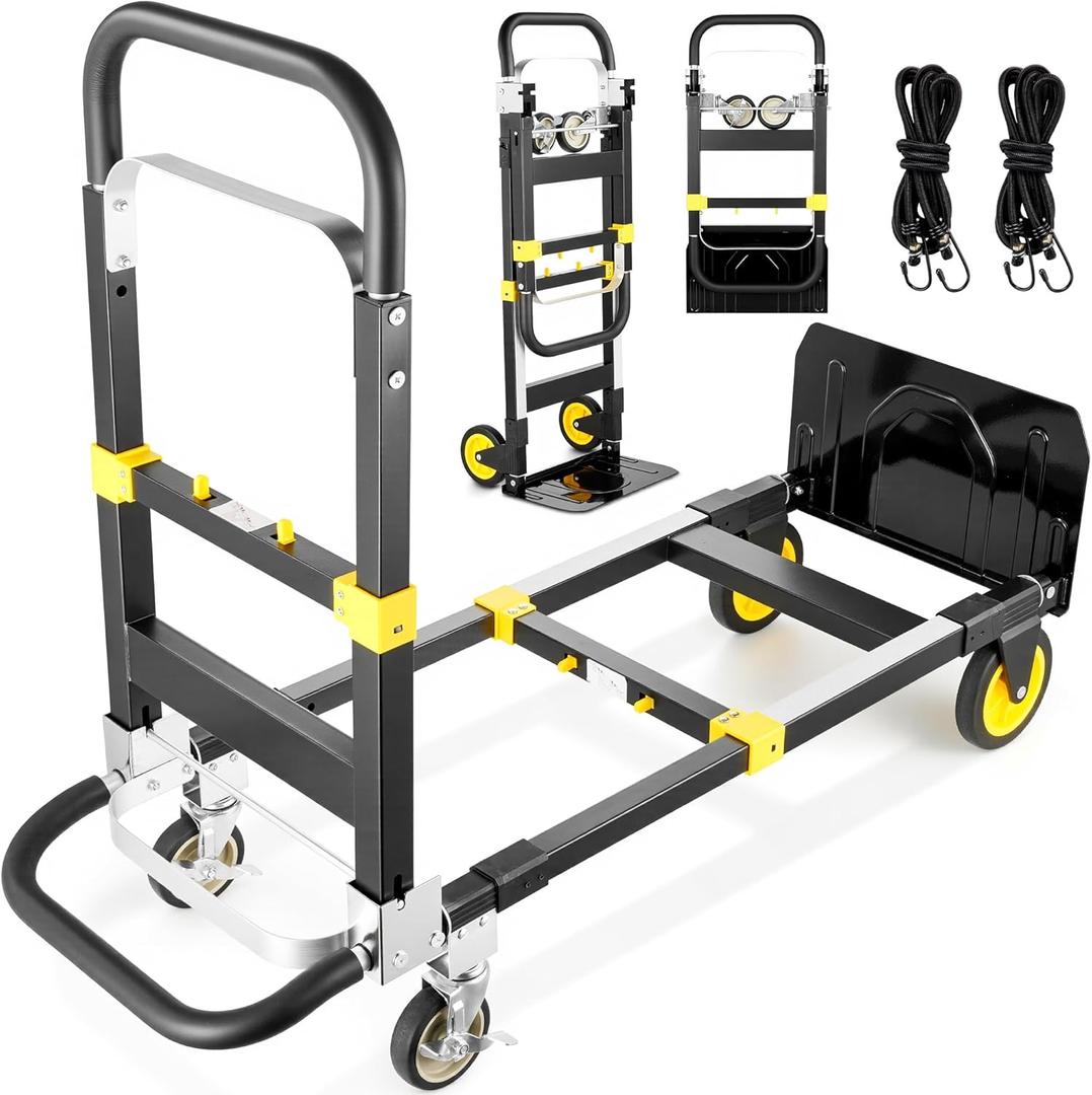 Heavy Duty Hand Truck Dolly 3-in-1, Convertible Hand Truck Steel 500 lbs Capacity, Folding Dolly with Rubber Brake-Wheels, Anti-Slip Strip and 2 Elastic Ropes for Moving