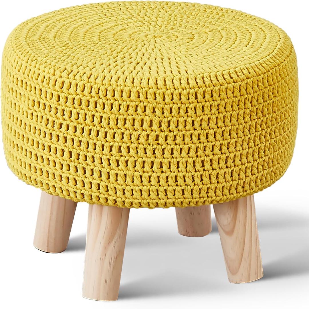 Wimarsbon Small Ottomans, 100% Hand Knitted Pouf, Round Footrest with 4 Non-Skid Wood Legs, Boho Dcor Cotton Rope Pouffe Beside Sofa, Leisure Floor Step Chair for Living Room (Yellow)