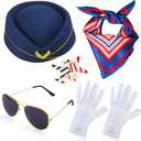 Flight Costume Set Beret Scarf White Gloves Sunglasses Airplane Pin Role Play Party Halloween Cosplay (Dark Blue)