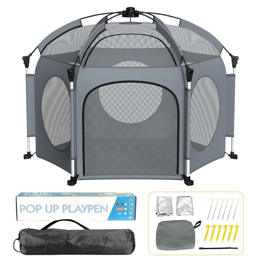 PRObebi Portable Pop Up Playpen for Babies and Toddlers - Grey Lightweight Outdoor Play Yard with Three Sun-Shade - Beach and Indoor Use with Travel Bag, 63.77 x 62 x 38 inches