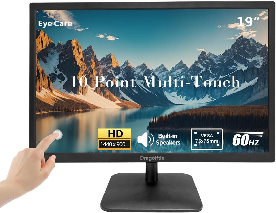 19 Inch Touchscreen Monitor HD 1440x900P, Built-in Speakers, VESA, TN Panel Desktop PC Touch Screen Monitor with HDMI & VGA & Type-B Ports, Low-blue Light Computer Touch Display, 60Hz, Black
