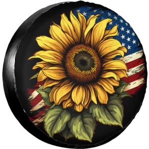 Spare Tire Cover USA Flag on Sunflower Spare Tire Covers Weatherproof & Dustproof Wheel Protectors Universal Fit for Rv Trailer SUV Truck Camper Travel 15 Inch