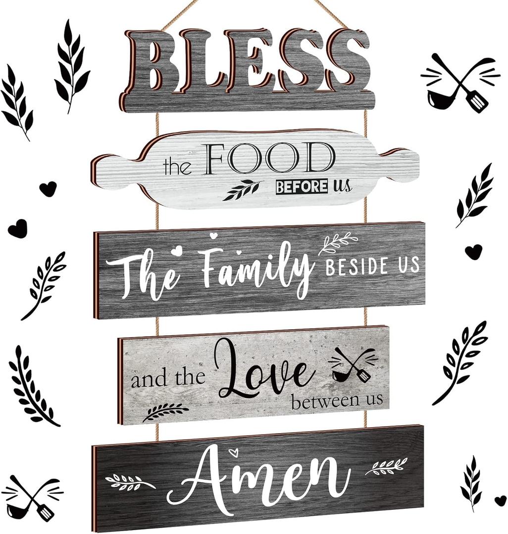 Geetery Bless The Food Before Us Wall Decor Farmhouse Kitchen Decor Rustic Dining Room Wall Art Vintage Country Wooden Hanging Sign(Farmhouse Gray)