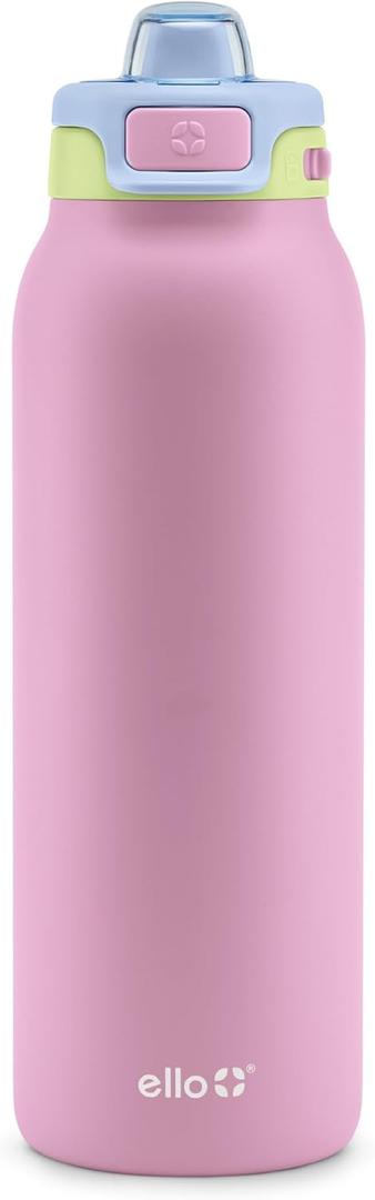 Ello Pop & Fill 32oz Stainless Steel Water Bottle with Quick Fill Technology, Double Walled and Vacuum Insulated Metal, Leak Proof Locking Lid, Sip and Chug, Reusable, BPA Free, Rosy Skyline