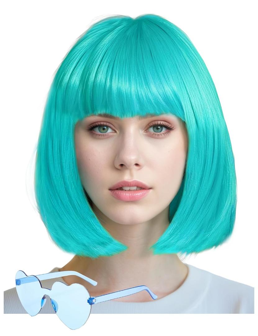 Wig and Sunglasses 12 Inch Short Bob Wigs with Bangs for Women Costume Cosplay Party (Turquoise)