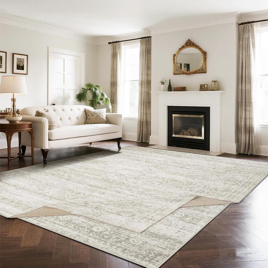 Double Layers 8x10 Area Rugs for Living Room- Upgraded Removable(Upper Layer+Lower Layer) Washable Area Rugs for Bedroom,Dining Room- Large Vintage Carpets with Cushioned Pad for Home Office (Beige-ivory-cream-brown-camel(double Layers))
