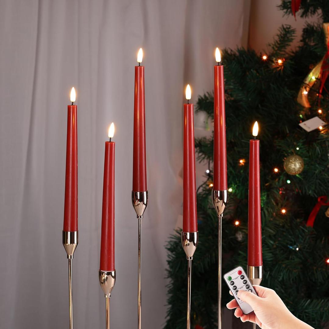 Red Christmas Flameless Taper Candles with Remote, Flickering Battery Operated LED Candlesticks Set of 6