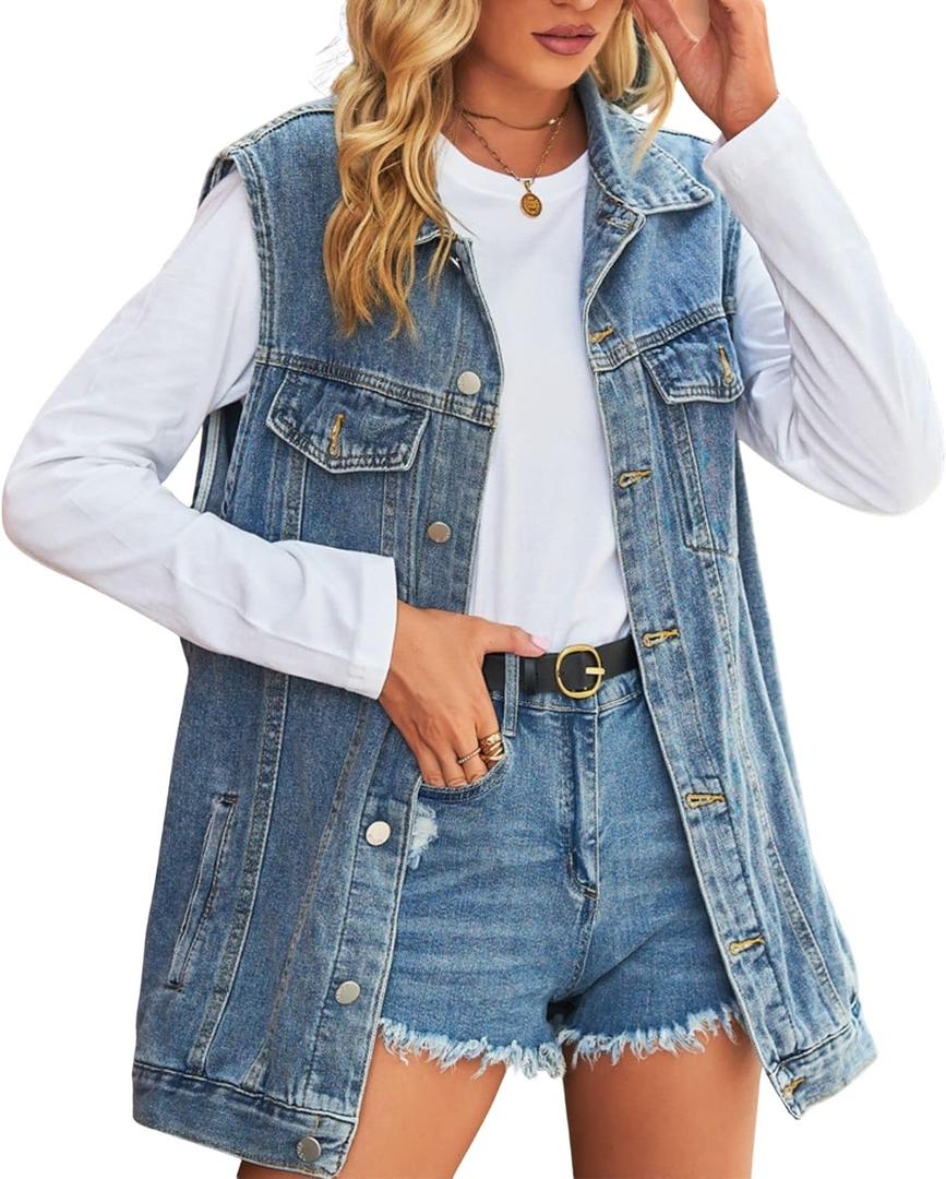 FindThy Womens Vintage Denim Jean Vest Oversized Button Down Jean Waistcoat Gilet (X-Large, 01 Blue)