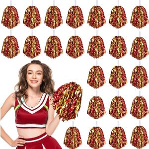 24 Pcs Pom Poms Cheerleading Cheerleader Spirited Cheer Baton Handle Metallic Foil for Sports Team Party Dance Cheering (Red and Gold)