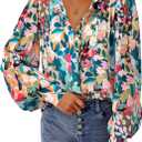 PRETTYGARDEN Women's Floral Blouses Dressy Casual V Neck Button Down Shirts Lantern Long Sleeve Boho Chiffon Spring Tops 2026 (L)