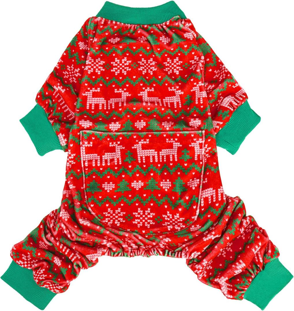 PUPTECK Soft Fleece Dog Pajamas for Small Medium Dogs, Dog Onesie Puppy Sweaters Clothes Jumpsuit Pjs, Cute Jammies Cat Coat Pet Costume Apparel, Red&Green L (Large(CHEST 20", BACK 14"))