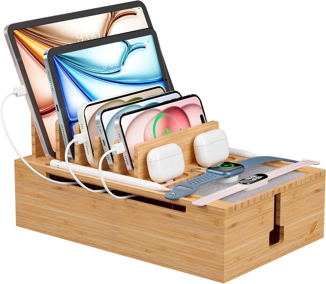Pezin & Hulin Bamboo Charging Station, Electronic Devices Organizer for Multiple Devices Charger Such As Cell Phone, Tablet, Watch and More, Natural, (No USB Charger and Cables)