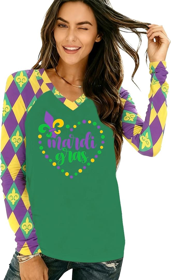 Mardi Gras Long Sleeve Shirt for Women Mardi Gras V Neck T-Shirts Fat Tuesday Tee Heart Tops (X-Large, Green)