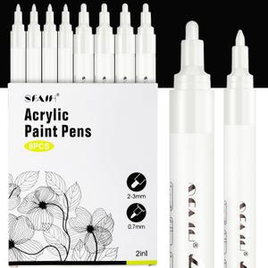 SFAIH Acrylic White Paint Pens - 8 Pack 2-3MM Medium Tip & 0.7MM Extra Fine Paint Marker for Rock Painting, Wood, Metal, Fabric, Plastic, Canvas, Glass, Ceramic, Diy Crafts, White Out Pen