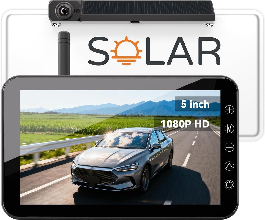 Solar Wireless Backup Camera with 5 IPS Monitor, Reversing System Powered by Rechargeable Battery and Solar Panel, 3-min Easy Installation, IP68 Waterproof, for Car, Trailer, RV, Pickup