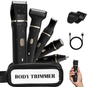 Electric Bikini Trimmer for Women, 5-in-1 Waterproof Electric Shaver, Painless Pubic Hair Trimmer for Sensitive Skin, Rechargeable Bikini Razor with Travel Case, Grooming Kit for Face & Body, Black