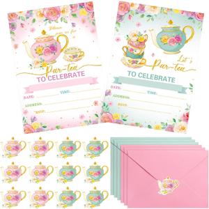 Geyoga 24 Pcs Tea Party Invitation Cards with Envelopes and Stickers, Little Girl Garden Tea Cup Time Bridal or Baby Shower Invite, Themed Ladies Event Ideas, Printed or Fill in the Blank Card