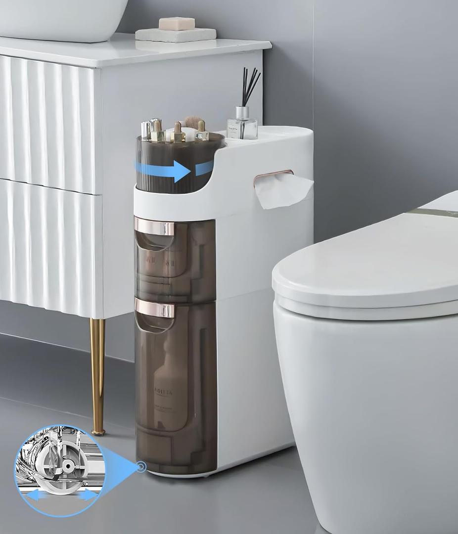 2-Tiers Slim Bathroom Storage Cabinet, Waterproof Narrow Floor Cabinet with Tissue Box and Wheels, Skinny Storage Organizer with Drawers for Small Spaces, Bathroom, Kitchen, Bedroom, 6.7