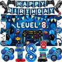 Video Game 8th Birthday Decorations for Boys, Level 8 Backdrop, Banner, Hanging Swirls, Honeycomb Centerpieces, Foil & Latex Balloons for Boy Video Game Birthday Decorations