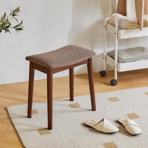 IBUYKE Saddle Cushion Vanity Stool Chair, Foot Rest Stool with Solid Wood Legs, Modern Vanity Bench Ottoman for Piano, Upholstered Seat for Bedroom, Entryway, Brown, WBD007HC