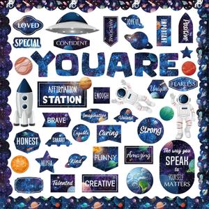 90 Pcs Space Affirmation Station Classroom Bulletin Board Set Motivational Bulletin Board Back to School Positive Affirmations Accent Cutout Mirror Growth Mindset Decor for School Office Home