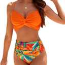 SEAFORM Women's Bikini Sets Two Piece Tummy Control Swimsuit High Waist V-Neck Beachwear Twist Front Straps Bathing Suits (Large, Orange)