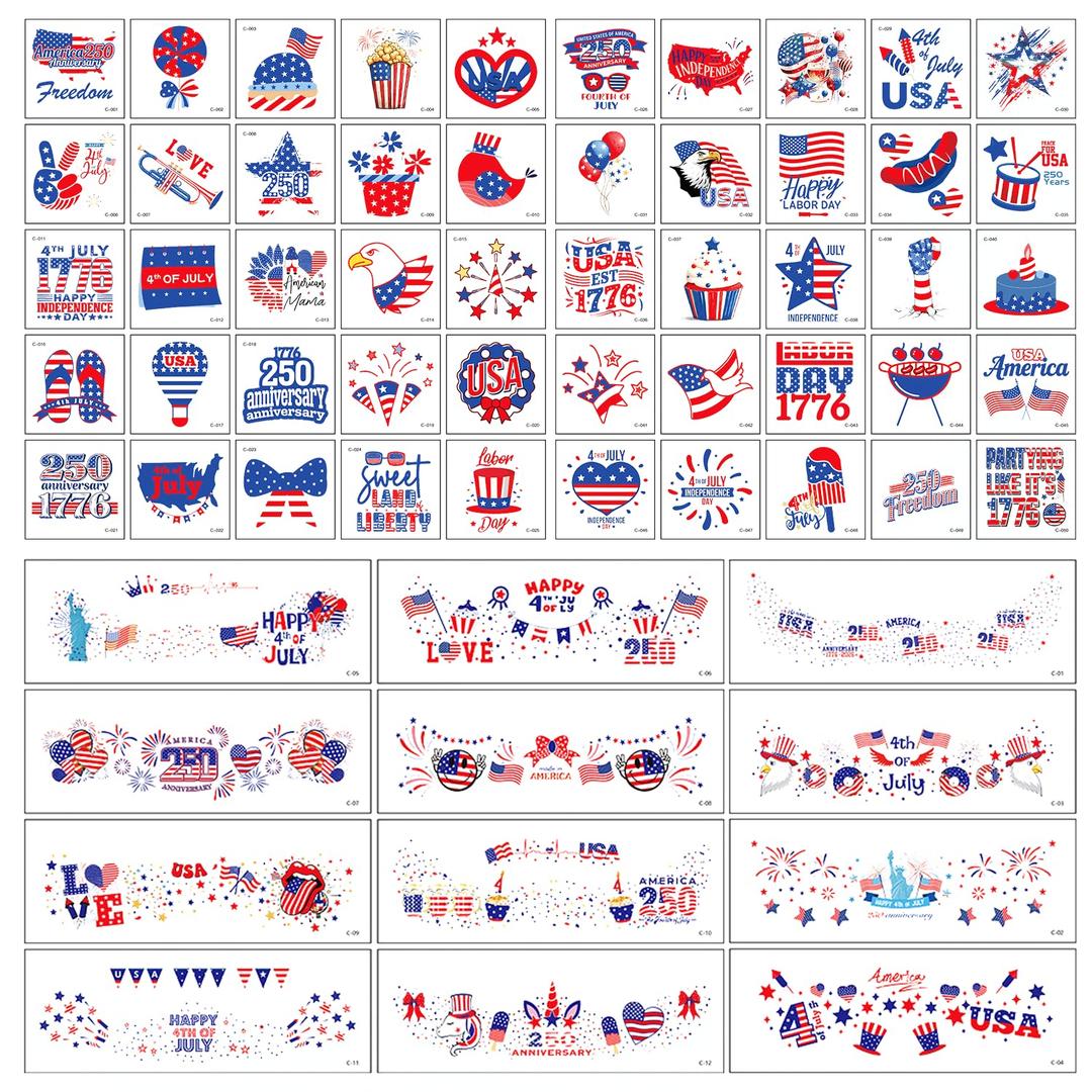 6 x 2026 Temporary Tattoos,62pcs independence Day Temporary Tattoos, Fourth of July merica Flag Red White &Blue Face Patriotic Tattoo Stickers,250th Anniversary Party in the USA Memorial