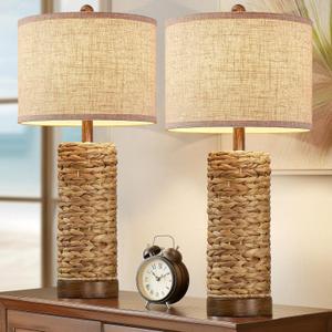 27.5'' Tall Natural Rattan Table Lamps Set of 2, Hand - Woven Wicker Lamp with Linen Shade, Rustic Coastal Boho Style Table Lamps for Bedroom, Living Room, Home Decor (Seagrass Brown)