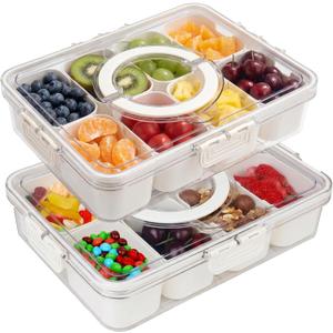 Divided Serving Tray with Lid and Handle: 2-Pack Stackable Food Box Container for Fruits Candy Organizer - Portable Clear Snack Organizer for Nuts, Travel, Party, Picnic Travel & Daily Use
