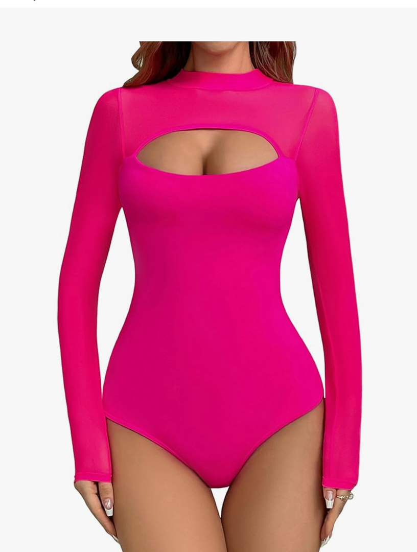 Aranmei Women’s Sexy Mock Turtle Neck Long Sleeve Shirts Sheer Mesh Cutout Trendy Going Out Bodysuits Tops, L